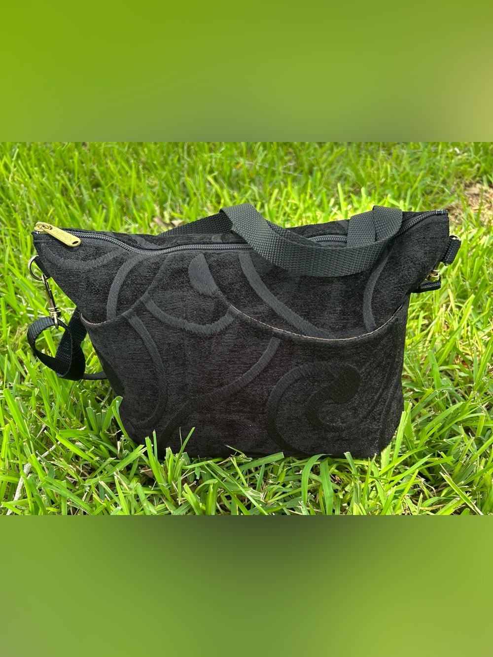 Vintage Danny K Tapestry Shoulder Bag in a Black-on-Black Swirl Pattern